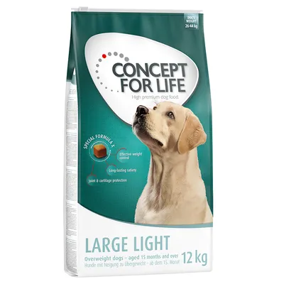 Concept for Life Large Light, koiranruoka ylipainoisille koirille 15 kuukaudesta alkaen, 12 kg. Ominaisuudet: painonhallinta, pitkäkestoinen kylläisyys, nivelten ja rustojen suoja.