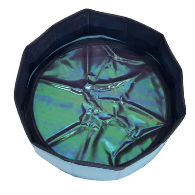 Piscina pieghevole rotonda in plastica blu per pet, vista dall'alto con interno impermeabile visibile.