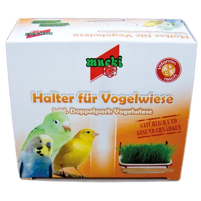 Опаковка с надпис mucki, Halter für Vogelwiese inkl. Doppelpack Vogelwiese, снимки на три птици и съд с трева. Текст: Vitamin A B C reich, NATÜRLICH UND GESUND ERNÄHREN.