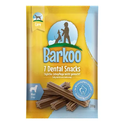 Barkoo 7 Dental Snacks, Maxi 25 kg+, 270 g. Tekst: 'Dagelijkse tandverzorging gemakkelijk gemaakt! Von Wissenschaftlern entwickelt / developed by scientists.'
