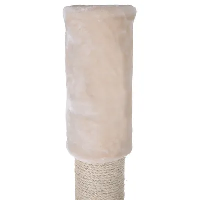 Scratching post with beige plush cover and sisal rope for claw care.