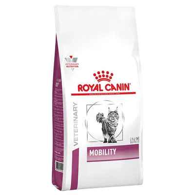 Royal Canin Veterinary Nutrition Mobility kattefoder, hvid pose med illustration af kat og teksten MOBILITY. S/O Index synligt på emballagen.