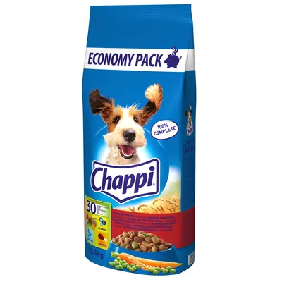 Chappi Economy Pack, 13.5 кг, 100% пълноценна храна с зеленчуци, витамини и протеини. Показано: суха храна, моркови и грах.