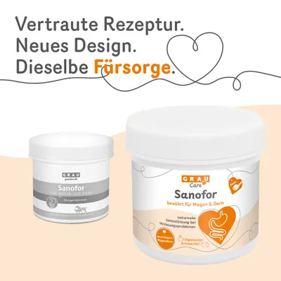 GRAU Sanofor für Magen und Darm, neues Design. Naturnahe Unterstützung bei Verdauungsproblemen, neutralisiert Magensäure, Ergänzungsfuttermittel. Vertraute Rezeptur, neue Verpackung.