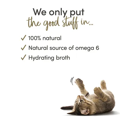 We only put the good stuff in... 100% natural, Natural source of omega 6, Hydrating broth. Tekst på engelsk med billede af kat liggende på ryggen.