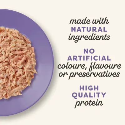 Shredded food on a plate with text: made with natural ingredients, no artificial colours, flavours or preservatives, high quality protein.