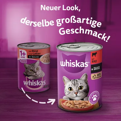 Whiskas kattefoder med oksekød i sauce, nyt udseende, samme gode smag. Velegnet til katte fra 1 år, 100% komplet og afbalanceret.