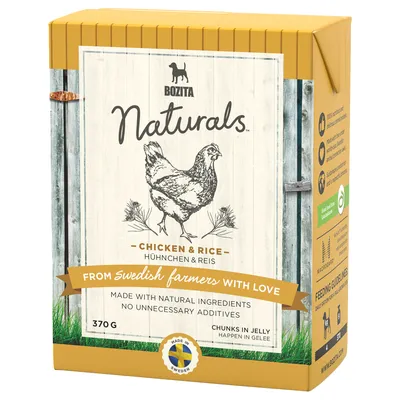 Упаковка Bozita Naturals Chicken & Rice 370 г, изображение курицы, надписи: made with natural ingredients, no unnecessary additives, chunks in jelly, made in Sweden.