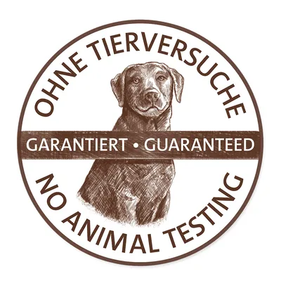 Печат с текст: Без тестване върху животни, гарантирано, No Animal Testing.