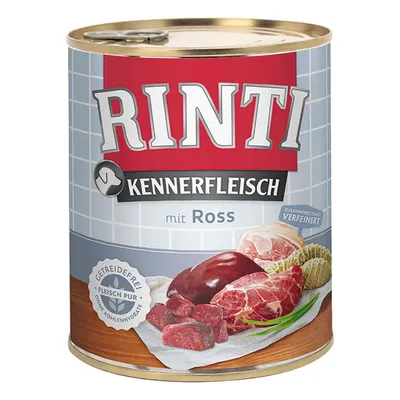Konzerva Rinti Kennerfleisch mit Ross, prikaz komada sirovog mesa i iznutrica na etiketi. Tekst: Getreidefrei, Fleisch pur, ohne Kohlenhydrate, Zusammensetzung verfeinert.
