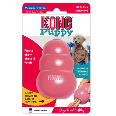 KONG Puppy Medium, gesundes Kauen, Naturkautschuk für Zahnung, geeignet für 7-16 kg. Spass beim Kauen, Jagen und Apportieren. Made in USA. Leckerlis einfügen für längere Spielzeit.