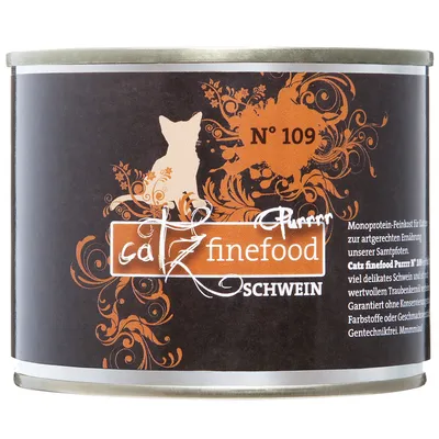 Catz finefood Purrrr N°109 Schwein -kissanruokapurkki, musta-oranssi etiketti, näkyvissä tuotteen nimi ja numero