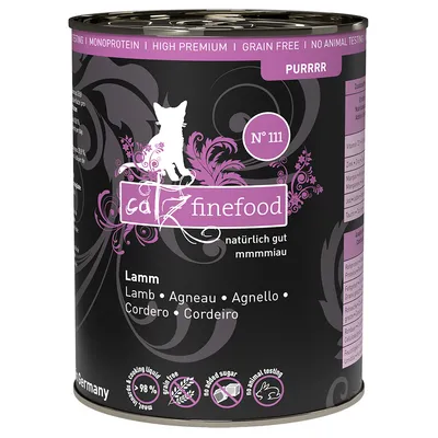 Catz Finefood κονσέρβα Νο. 111, αρνί, μονοπρωτεϊνικό, υψηλής ποιότητας, χωρίς δημητριακά, χωρίς προσθήκη ζάχαρης, χωρίς δοκιμές σε ζώα, παρασκευάζεται στη Γερμανία, 98% κρέας και ζωμός.