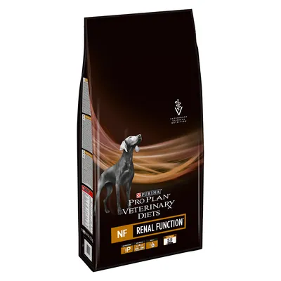 Purina Pro Plan Veterinary Diets NF Renal Function, opakowanie karmy dla psów. Widoczne logo, nazwa produktu oraz piktogramy informacyjne na dole opakowania.
