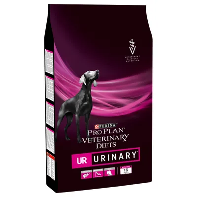 PURINA PRO PLAN VETERINARY DIETS UR URINARY torrfoder för hund, svart påse med bild av hund och rosa vågor, text: Veterinary Clinical Nutrition, 13 kg