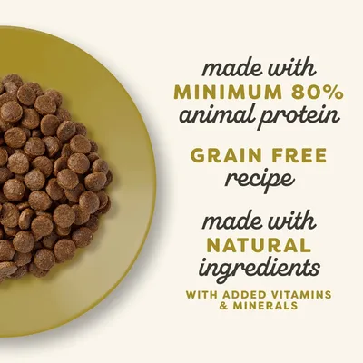 Dry food with minimum 80% animal protein, grain free recipe, made with natural ingredients and added vitamins and minerals, as shown in the image text.