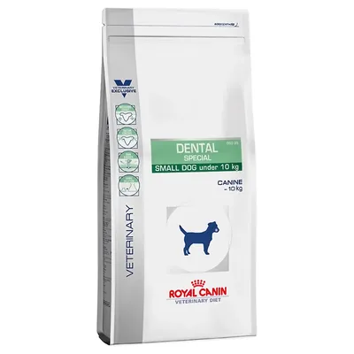 Royal Canin Veterinary Diet Dental Special für kleine Hunde unter 10 kg. Verpackung mit Produktinformationen und Symbolen zur Zahnpflege.