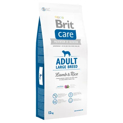 Sac Brit Care Adult Large Breed Lamb & Rice 12 kg, formule hypoallergénique pour chiens adultes de grande taille, sans soja, bœuf, porc, blé, maïs, OGM. Marque et texte visibles en anglais.