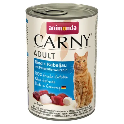 Animonda Carny Adult marha + tőkehal petrezselyemgyökérrel. 100% friss összetevők, gabonamentes, Made in Germany. Taurinnal.