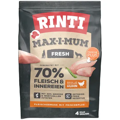 Rinti Max-i-mum Fresh. 70% hús és belsőség, friss csirkehússal gazdagítva. 30% zöldség és értékes összetevők. Gabonamentes receptúra. 4 kg.