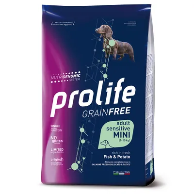 Prolife Grainfree Adult Sensitive Mini, proteína animal única, sin gluten, ingredientes limitados, rico en pescado fresco y patatas. Producto de Italia.