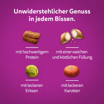 Unwiderstehlicher Genuss in jedem Bissen. Mit hochwertigem Protein, weicher und köstlicher Füllung, leckeren Erbsen und Karotten.