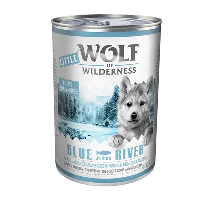 Консерва Wolf of Wilderness Little Blue River Junior, 100% grain-free, 400 г. Видими надписи: chicken & salmon with fruits of the forest, roots and wild herbs.