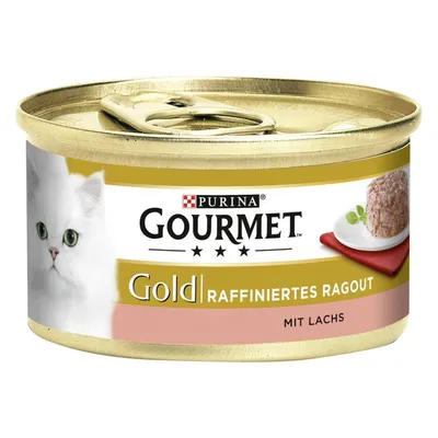 Blik Purina Gourmet Gold Raffiniertes Ragout mit Lachs, afbeelding van witte kat en portie ragout op bord zichtbaar op het etiket. Tekst deels in het Duits.