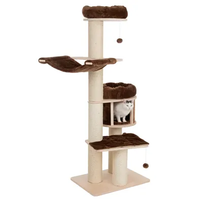 Ansamblu de joacă pentru pisici cu stâlpi din sisal, platforme maro, hamac, coșuri și două mingi suspendate; o pisică albă vizibilă într-un compartiment deschis.