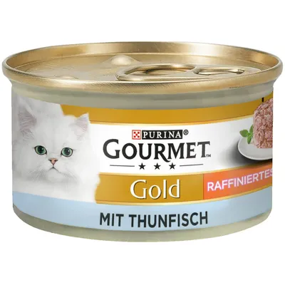 Purina Gourmet Gold krmivo pro kočky, jemný recept s tuňákem, ve zlaté konzervě.
