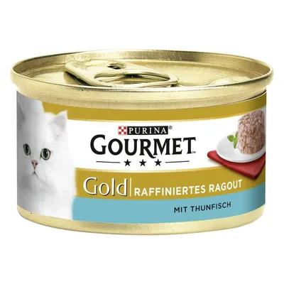 Blik Purina Gourmet Gold Raffiniertes Ragout mit Thunfisch kattenvoer, afbeelding van witte kat en portie ragout op het etiket.