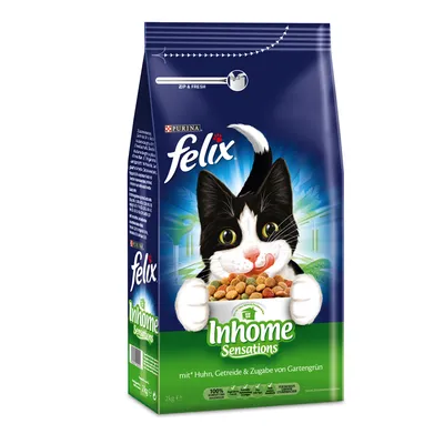Упаковка корма для кошек Purina Felix Inhome Sensations, 2 кг. Видны надписи: mit Huhn, Getreide & Zugabe von Gartengrün, 100% komplett, ausgewogenes Alleinfuttermittel.
