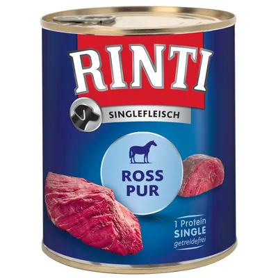 Scatola di cibo per animali Rinti Singlefleisch, scritta visibile: Ross Pur, 1 Protein Single, getreidefrei. Immagine di carne rossa e silhouette di cavallo sull'etichetta.