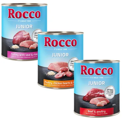 Rocco Junior mokra hrana za pse, vrste: puretina s teletinom i rižom, perad s pilećim srcima i rižom, govedina i perad. Optimalan omjer kalcija i fosfora, 800g konzerve.