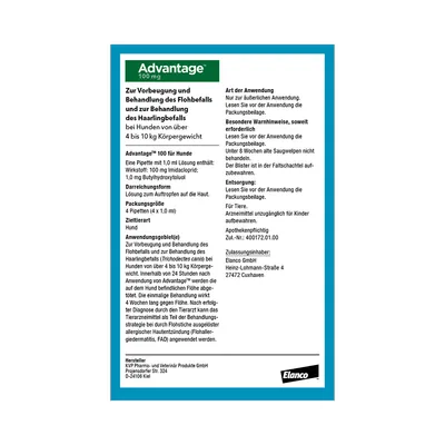 Advantage 100 mg. Zur Vorbeugung und Behandlung des Flohbefalls bei Hunden über 4 bis 10 kg Körpergewicht. Packungsgröße: 4 Pipetten (1,0 ml). Wirkstoff: Imidacloprid 100 mg.