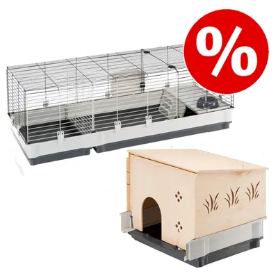 Fémrácsos ketrec műanyag aljjal, mellette fa házikó mintákkal. Piros százalékjel kedvezmény ikon a sarokban.