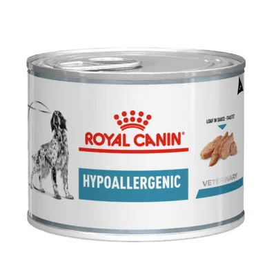 Royal Canin Hypoallergenic -koiran märkäruokapurkki, etiketissä tekstit HYPOALLERGENIC, VETERINARY ja LOAF IN SAUCE / TAIHET sekä kuva koirasta ja ruoka-annoksesta.