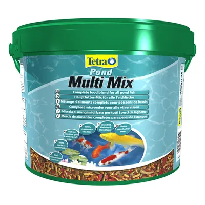 Tetra Pond Multi Mix, spand med blandet foder til havedamsfisk. Tekst på flere sprog: Complete food blend for all pond fish. Billede af forskellige fisk og foderpiller synlige i bunden. Tetra Pond Multi Mix, spand med blandet foder til havedamsfisk. Tekst på flere sprog: Complete food blend for all pond fish. Billede af forskellige fisk og foderpiller synlige i bunden.