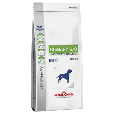 Royal Canin Veterinary Diet Urinary S/O Moderate Calorie für Hunde. Verpackung mit SO Index und RSS Symbolen, geeignet für veterinäre Anwendungen.