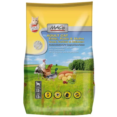 MAC's ADULT CAT Ente, Pute & Huhn Duck, Turkey & Chicken. 32 % protein, 13 % fedt. Made in Austria. Grain free. Med norsk lakseolie, tranebær og bjergurter. Billede af kat, fjerkræ og grøntsager.