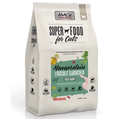 MAC's Super Food for Cats, monoproteiininen tuore kani. Kuivaruoka norjalaisella lohiöljyllä, bataatilla, karpaloilla. Viljaton, ilman sokeria, sisältö: 7 kg.