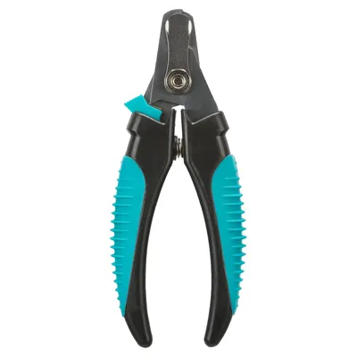 Cutter pentru gheare cu mânere negre și turcoaz, lamă metalică și arc vizibil între mânere.