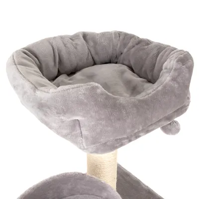 Graues, gepolstertes Katzenbett auf einem Kratzbaum mit Sisal-Stamm und integriertem Spielball.
