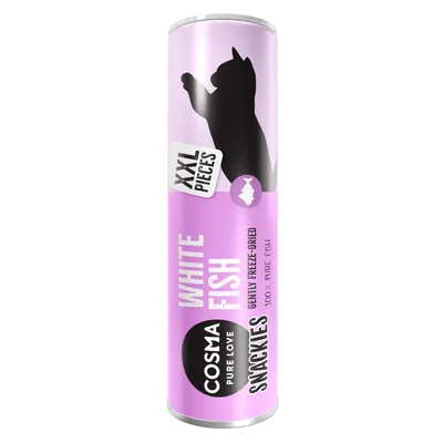Cosma Snackies White Fish XXL kawałki, delikatnie liofilizowane, 100% czysta ryba. Opakowanie fioletowe z sylwetką kota.