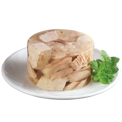 Jelly with tender meat pieces on a white plate, garnished with fresh green herbs.