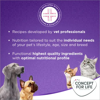 Recipes developed by vet professionals, nutrition tailored to individual needs, highest quality ingredients with optimal nutritional profile. Concept for Life brand shown.