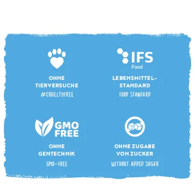 Ohne Tierversuche, IFS Food Lebensmittel-Standard, ohne Gentechnik, ohne Zugabe von Zucker. #crueltyfree, GMO-free, without added sugar. Ohne Tierversuche, IFS Food Lebensmittel-Standard, ohne Gentechnik, ohne Zugabe von Zucker. #crueltyfree, GMO-free, without added sugar.