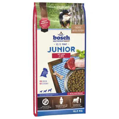 Bosch Junior hasta 12 meses con cordero y arroz, High Premium Concept, 15kg. Sin cereales con gluten, calostro, 25% proteína, 13% grasa. Mucho pollo fresco.