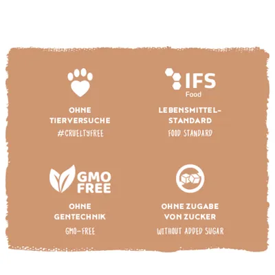 Ohne Tierversuche #crueltyfree, IFS Food Lebensmittelstandard, ohne Gentechnik GMO-free, ohne Zugabe von Zucker without added sugar. Ohne Tierversuche #crueltyfree, IFS Food Lebensmittelstandard, ohne Gentechnik GMO-free, ohne Zugabe von Zucker without added sugar.