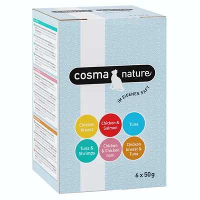 cosma nature IM EIGENEN SAFT. Chicken breast, Chicken & Salmon, Tuna, Tuna & Shrimps, Chicken & Chicken ham, Chicken breast & Tuna. 6 x 50 g